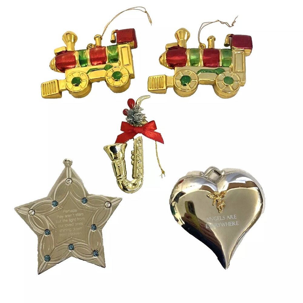 Lot of 5 Miscellaneous Ornaments 2 Trains Saxaphone Star (Heaven) Heart (Angel)